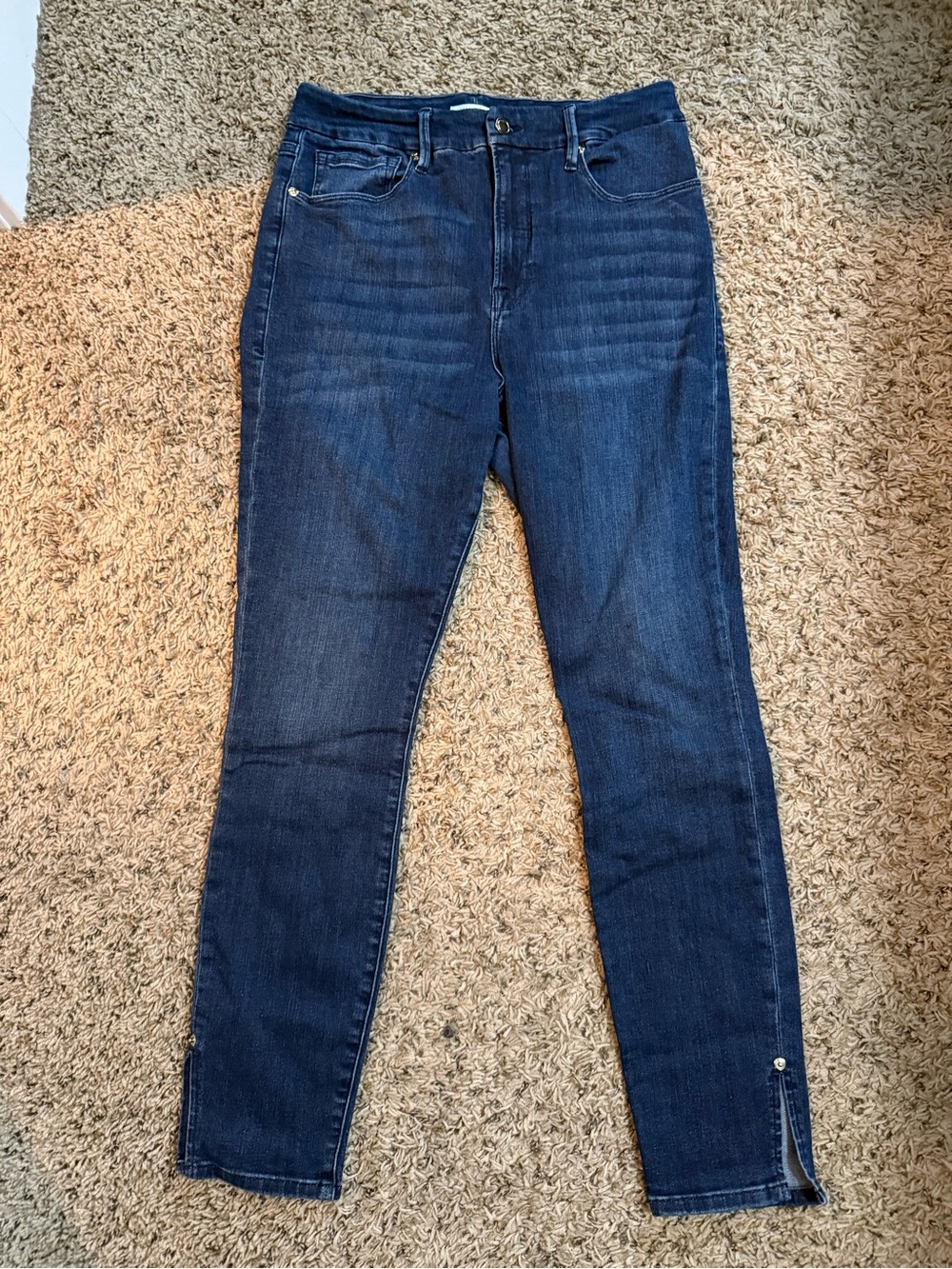 Good American Dark Blue High-Rise Skinny Jeans with Ankle Slit
